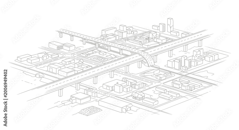 Fototapeta premium Isometric City Map Sketch with Elevated Highways and Urban Infrastructure. Vector Line Art Illustration of a Modern Metropolitan Layout for Planning and Architectural Design.