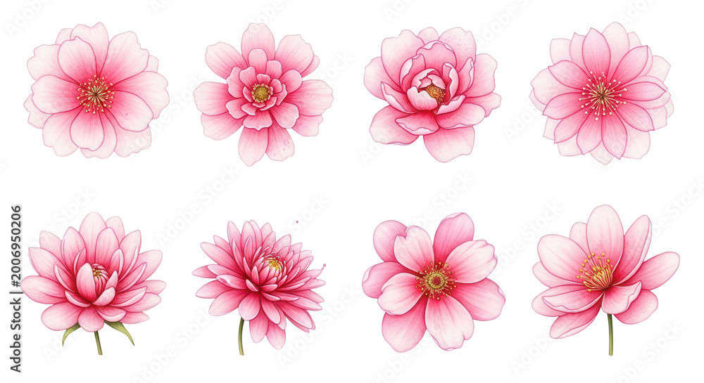 Fototapeta premium watercolor floral arrangement of pink flowers on a white background design elements