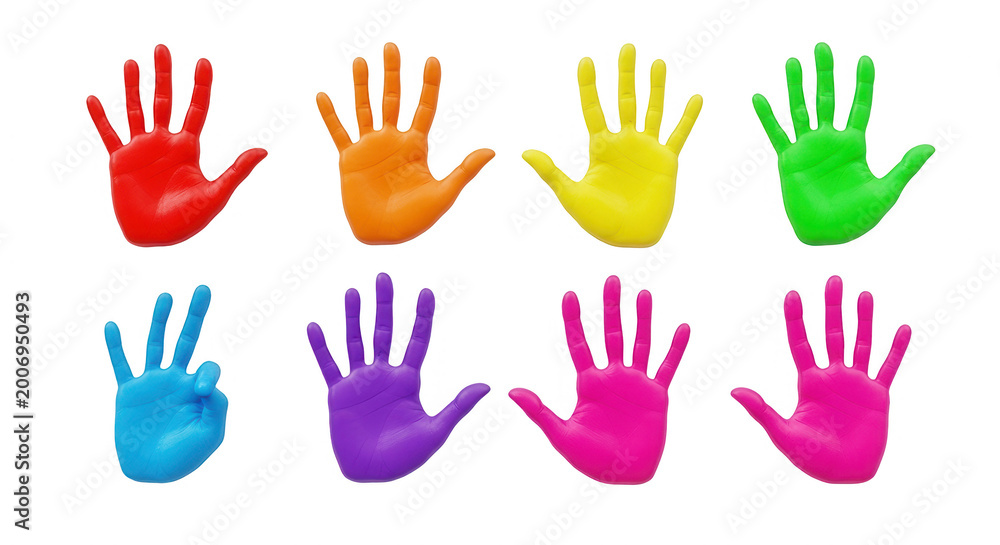 Obraz premium colorful painted handprints arranged on a white surface art creativity and diversity education and fun projects