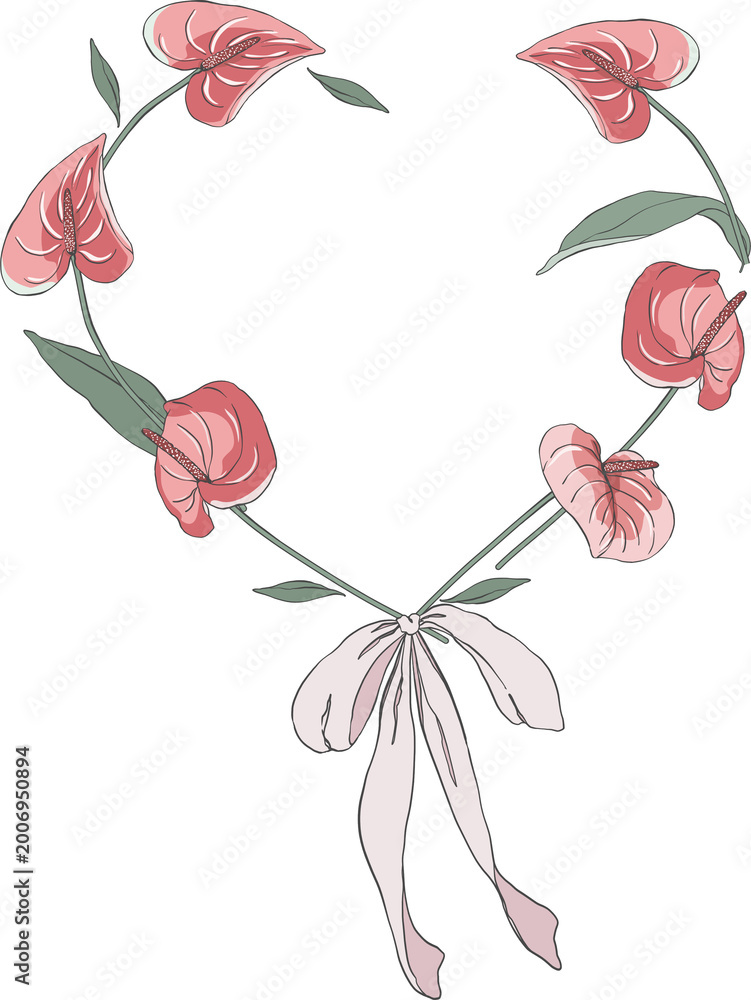 Obraz premium Red Anthurium with heart frame and bow