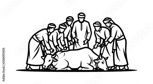 Schilderij op canvas Muslim men performing Qurban ritual sacrifice of a cow.
