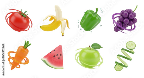 colorful 3d renderings of eight different fruits and vegetables floating against a white background healthy eating and smoothies