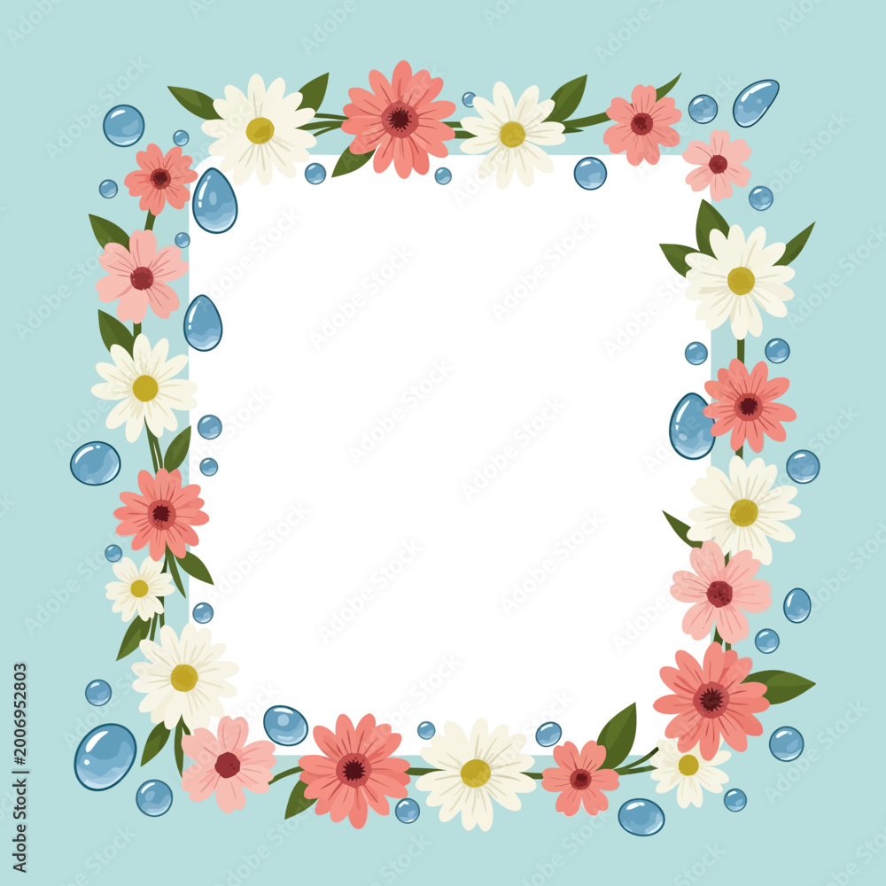 Fototapeta premium Floral frame with water droplets and copy space.