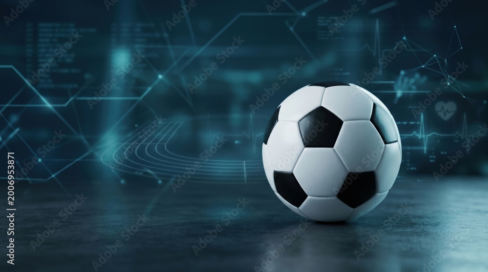 Naklejka premium Soccer Ball with Digital Sports Analytics Data Visualization Background
