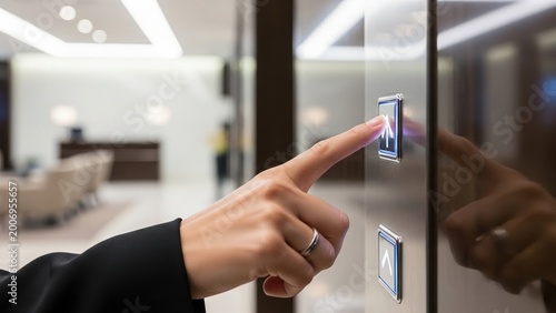 pressing elevator button in modern office building, Female hand presses illuminated elevator button in modern interior. Close up view with blurred office background. Clean design and soft light