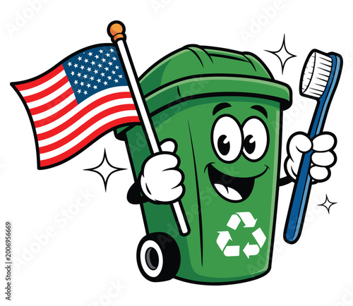 Fotografía Cute recycling bin mascot holding USA flag and toothbrush eco hygiene illustrati