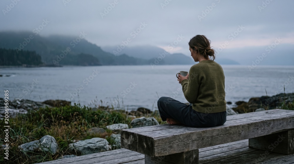 Fototapeta premium Young woman sitting on wooden bench drinking coffee by misty ocean shore