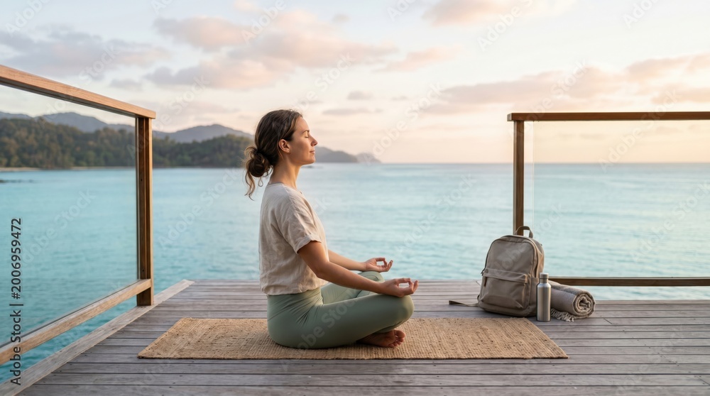Fototapeta premium Young Woman Meditating in Lotus Pose on Wooden Deck Overlooking Tropical Ocean at Sunset