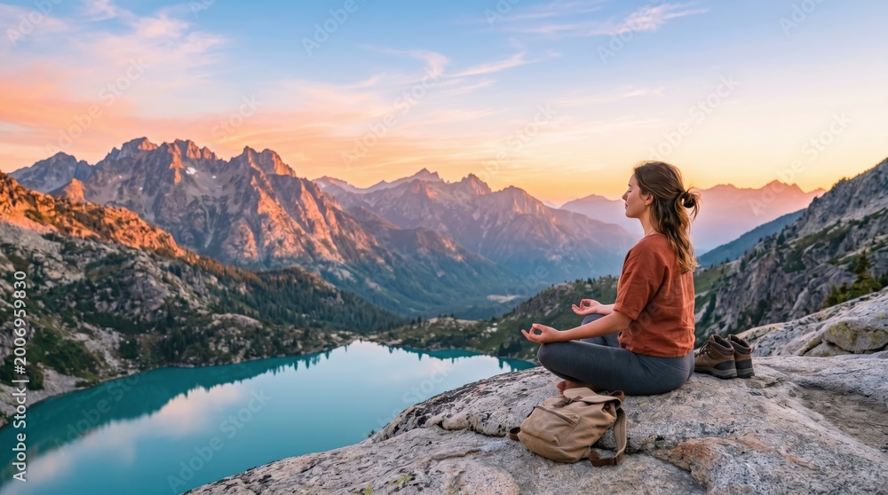 Fototapeta premium Young woman meditating in lotus pose on mountain cliff overlooking alpine lake at sunset