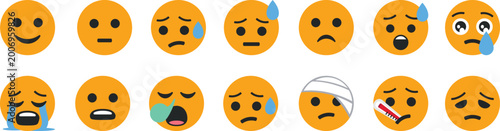 Photos Set of sad emoji faces showing stress, fear, sickness, crying and anxiety for mental health concepts