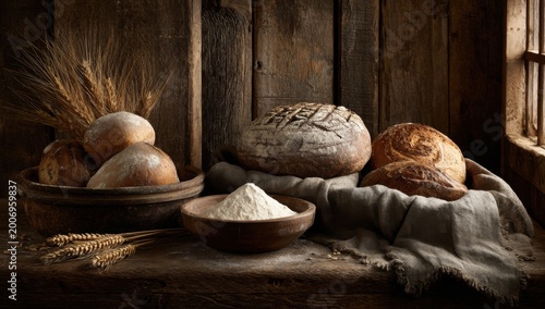 Rustic Bakery Scene with Freshly Baked Breads and Flour.