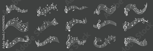 Schilderij op canvas Elegant music note wave collection with flowing staff lines and melody symbols