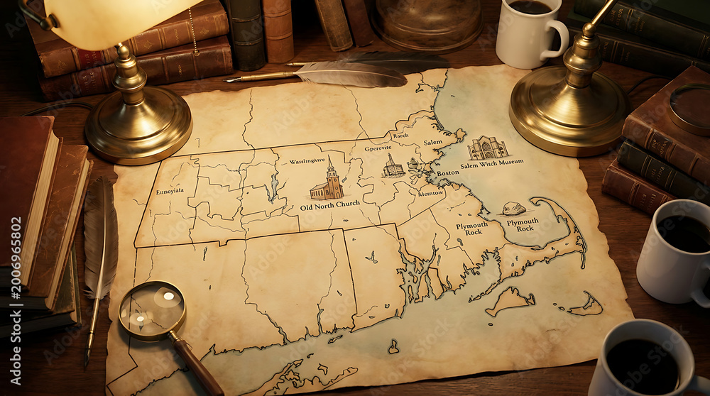 Fototapeta premium Vintage map of Massachusetts showcasing historical landmarks and geographical details