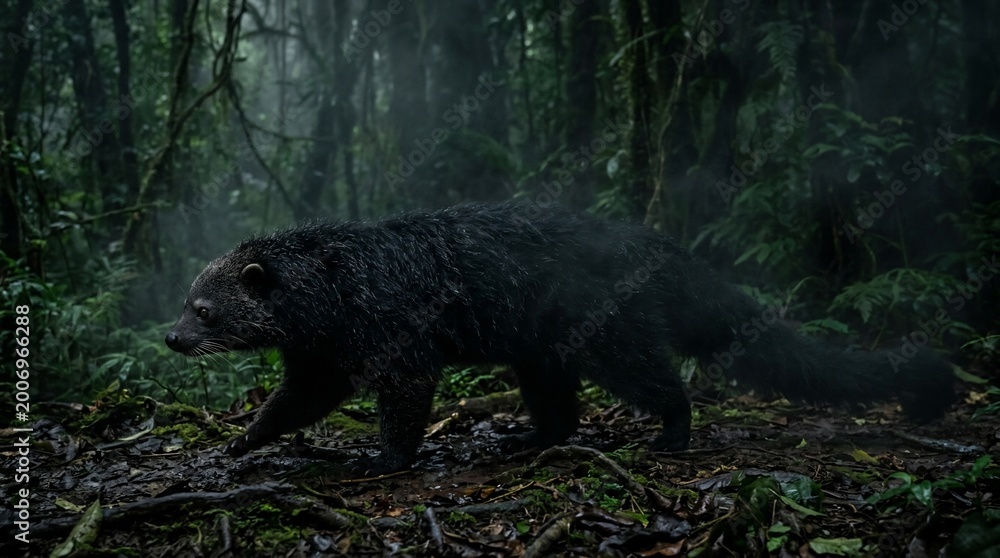Obraz premium Binturong walking through the dense tropical rainforest floor.