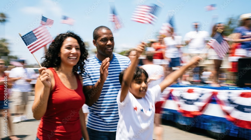 Fototapeta premium Diverse Family Celebrating at a Patriotic Parade with American Flags