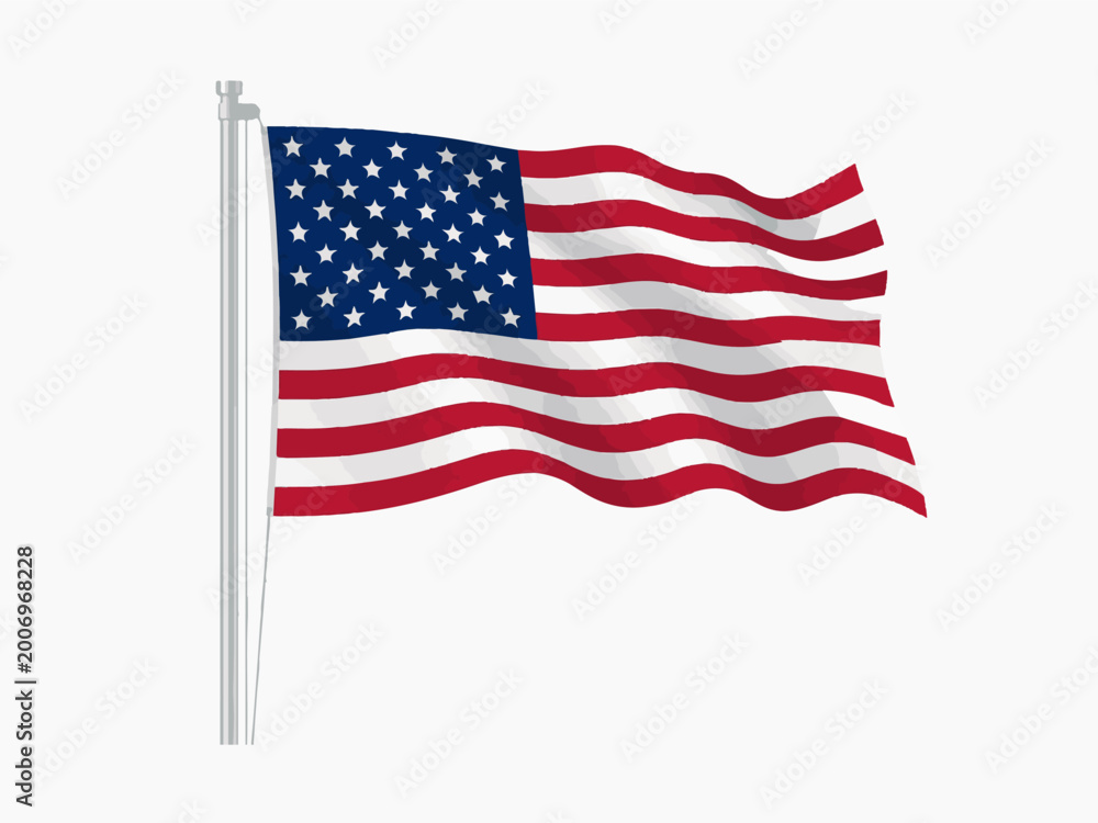 Obraz premium Waving American Flag on a White Background with a Metal Pole usa flag stars and stripes