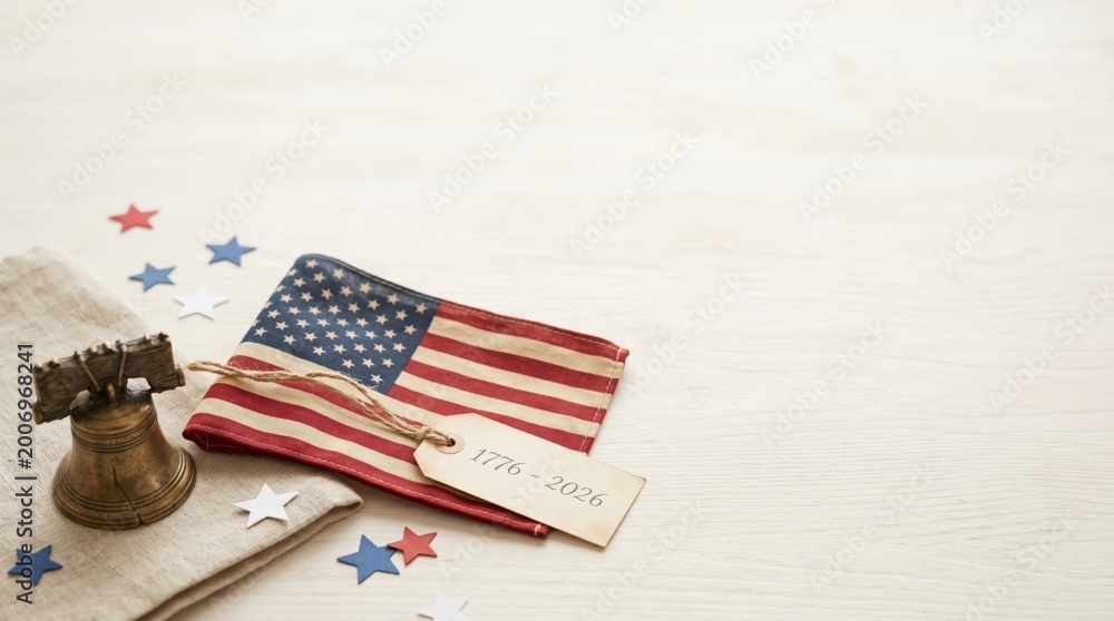 Fototapeta premium USA Semiquincentennial Celebration Concept with Liberty Bell and Flag on Wooden Background