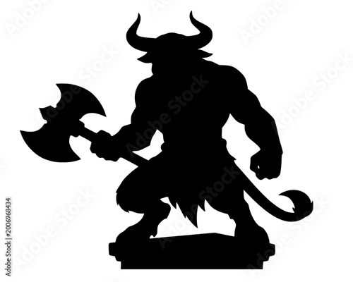 Bild auf Leinwand Minotaur Silhouette, Black silhouette of a Minotaur holding an axe, symbolizing