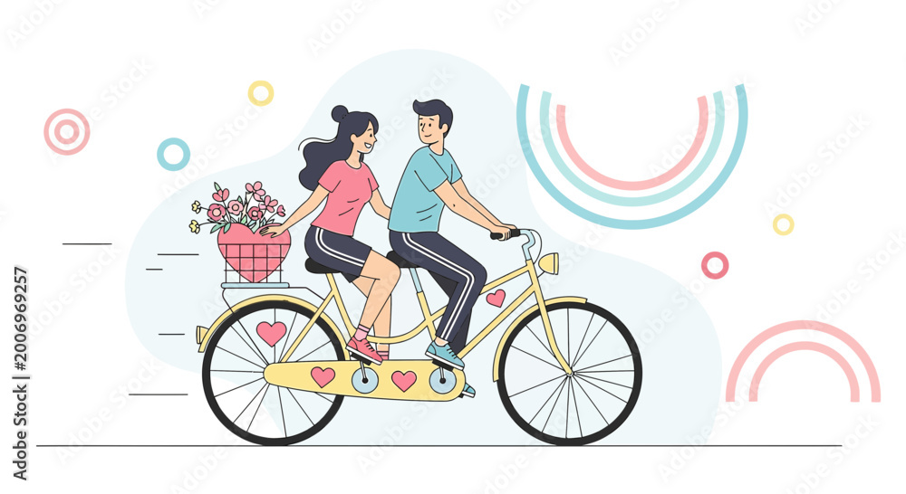 Fototapeta premium Couple Riding Tandem Bicycle with Heart Decorations and Flowers