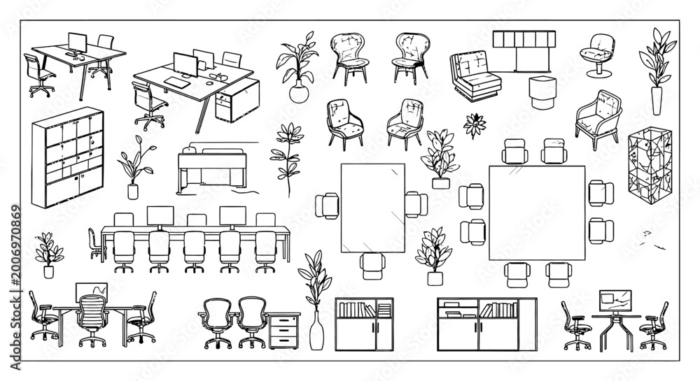 Fototapeta premium modern office furniture and equipment collection featuring desks chairs and storage for professional workplace design.