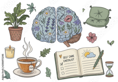 Hand drawn mental health and self care set with floral brain calming tea and notebook on a transparent background