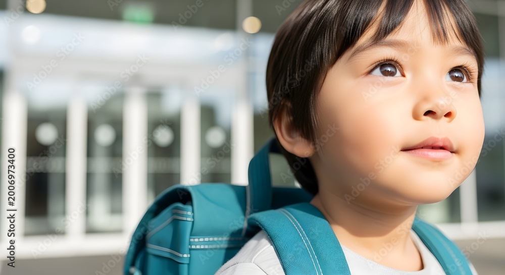 Obraz Hopeful young boy with backpack ready for his first day back to school, standing outside a modern educational building.