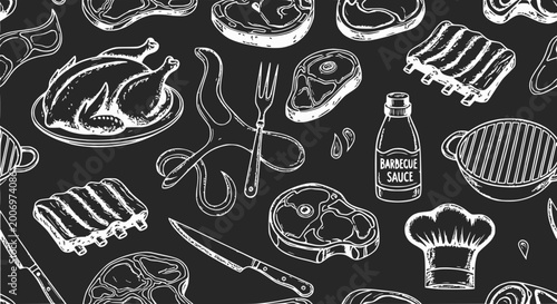Hand-Drawn BBQ Meat and Food Pattern on Black Background