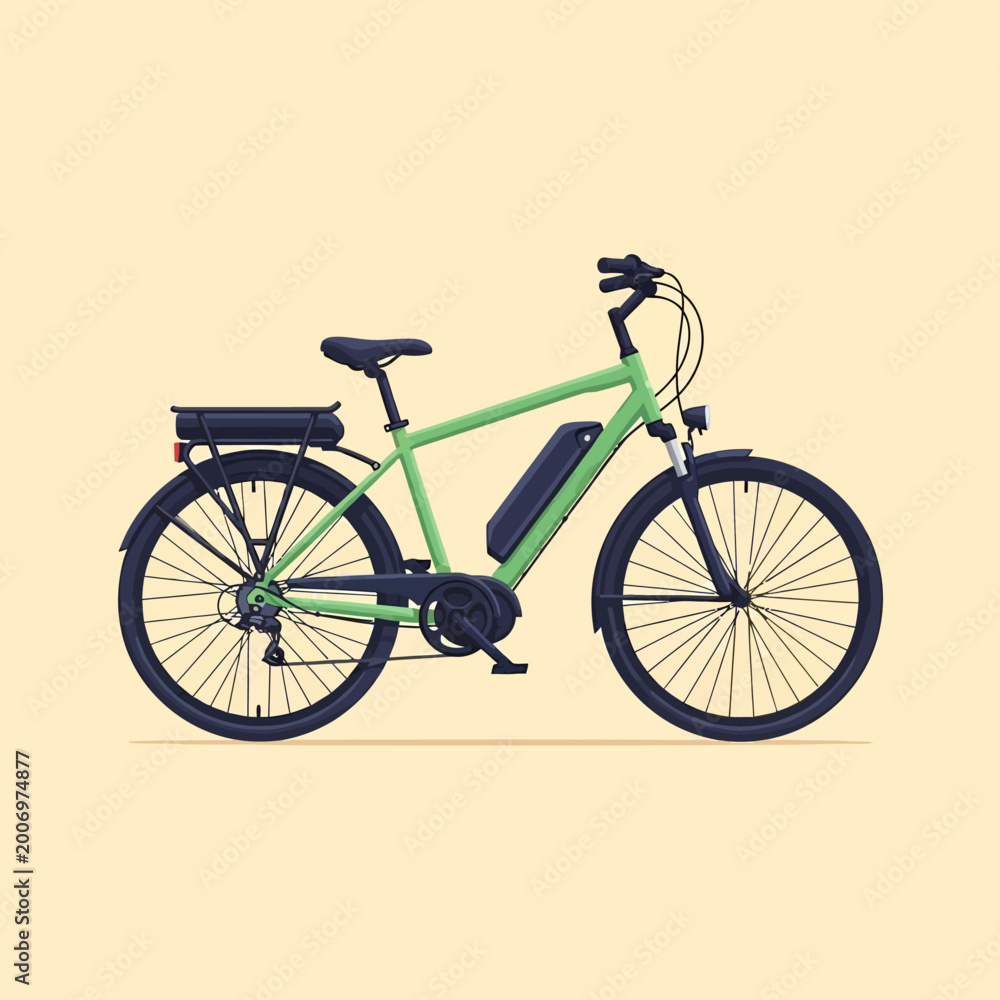 Obraz premium Green Electric Bicycle With Battery Pack And Rack.