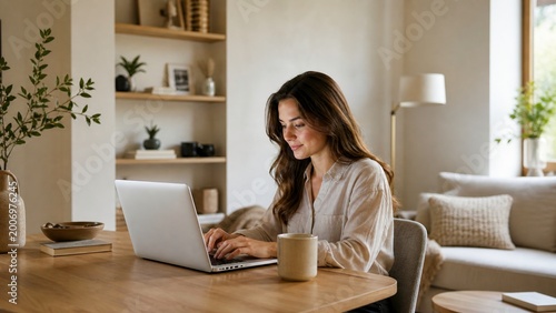 Home Office Serenity: A woman works comfortably on a laptop at a wooden desk in a bright and airy home office, where a minimalist decor of natural materials creates a calm and inviting atmosphere.