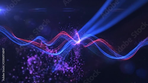 Abstract flowing wave of blue and red light with particles in dark background for futuristic motion graphics
