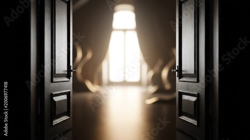 Dark double doors slowly opening revealing bright light leading to an inviting room with light