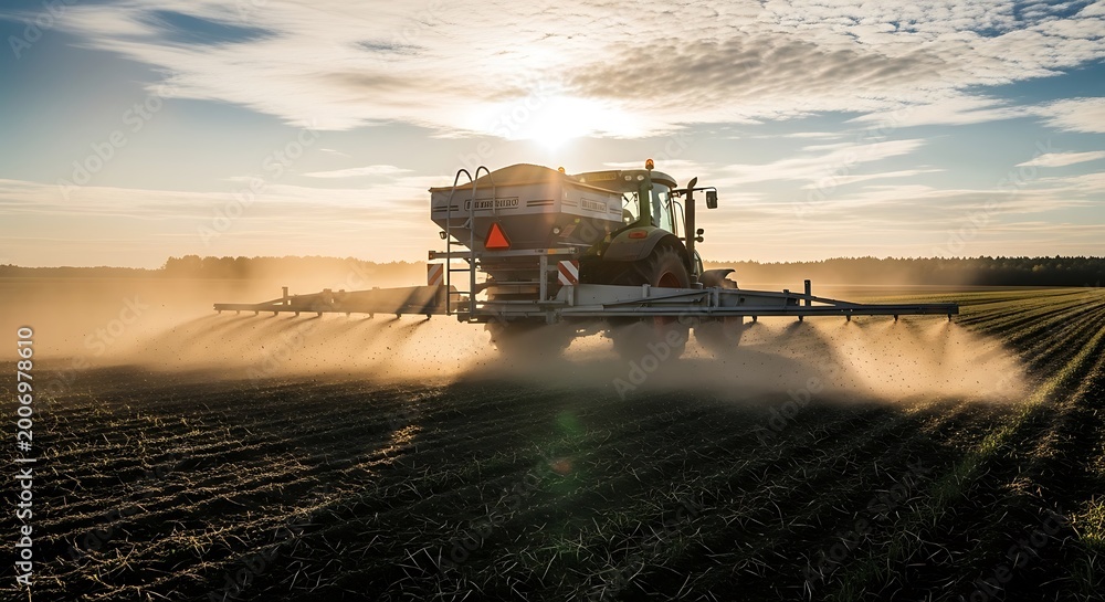 Fototapeta premium Tractor spreading fertilizer on a field at sunrise, creating a dust cloud