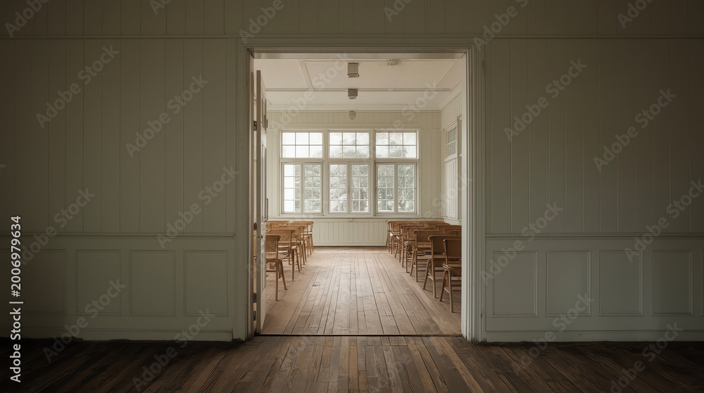 Fototapeta premium Wooden school building, classroom, school, school building, wooden chairs, desks, Jupiter 