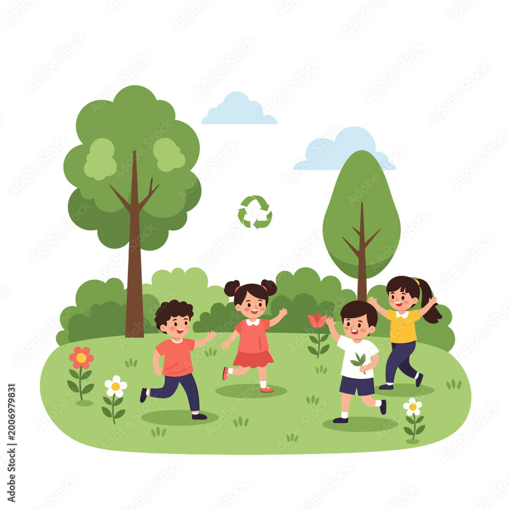 Fototapeta premium Joyful Children Playing Outdoors in a Lush Green Park Environment.