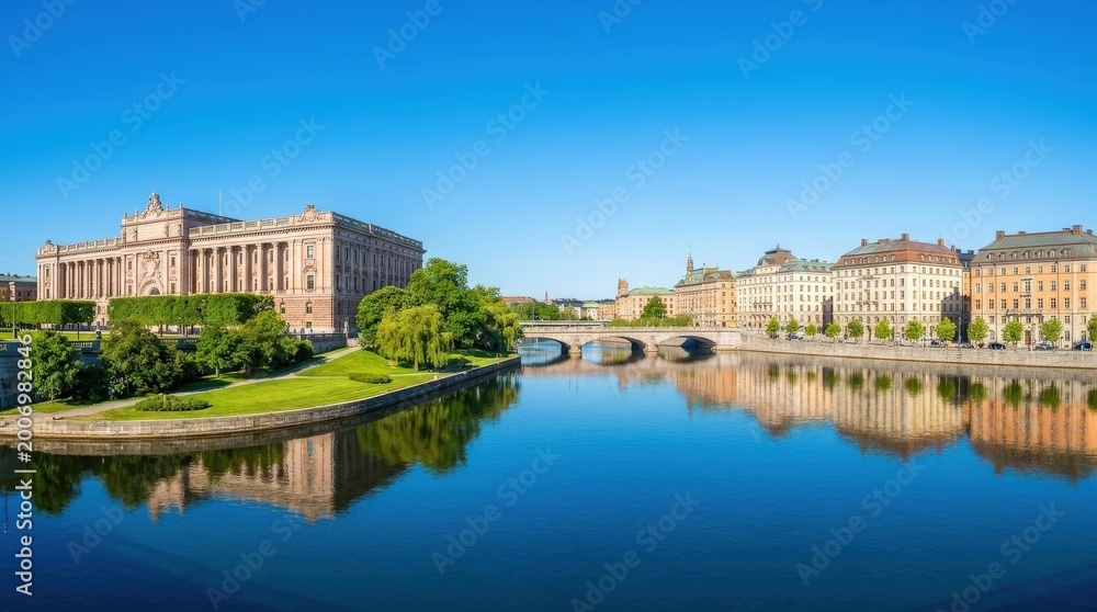 Fototapeta premium Stockholm City Hall and Waterfront Buildings Reflected in Calm Water.