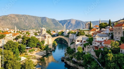 Historic Old Bridge and Ottoman Architecture in Mostar Bosnia Herzegovina.