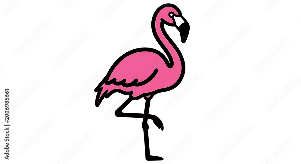 Fototapeta premium A vibrant pink flamingo illustration stands gracefully on one leg with a black outline