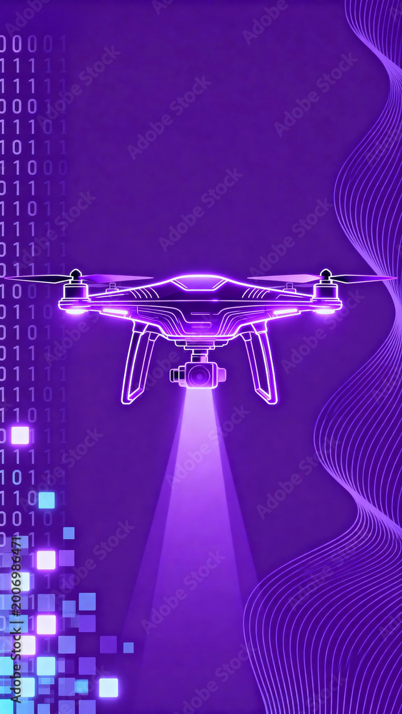 Fototapeta premium Glowing drone with camera and digital background