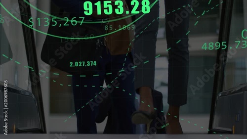 Woman stepping off escalator leading colleagues to meeting, green financial overlays tracking shoes