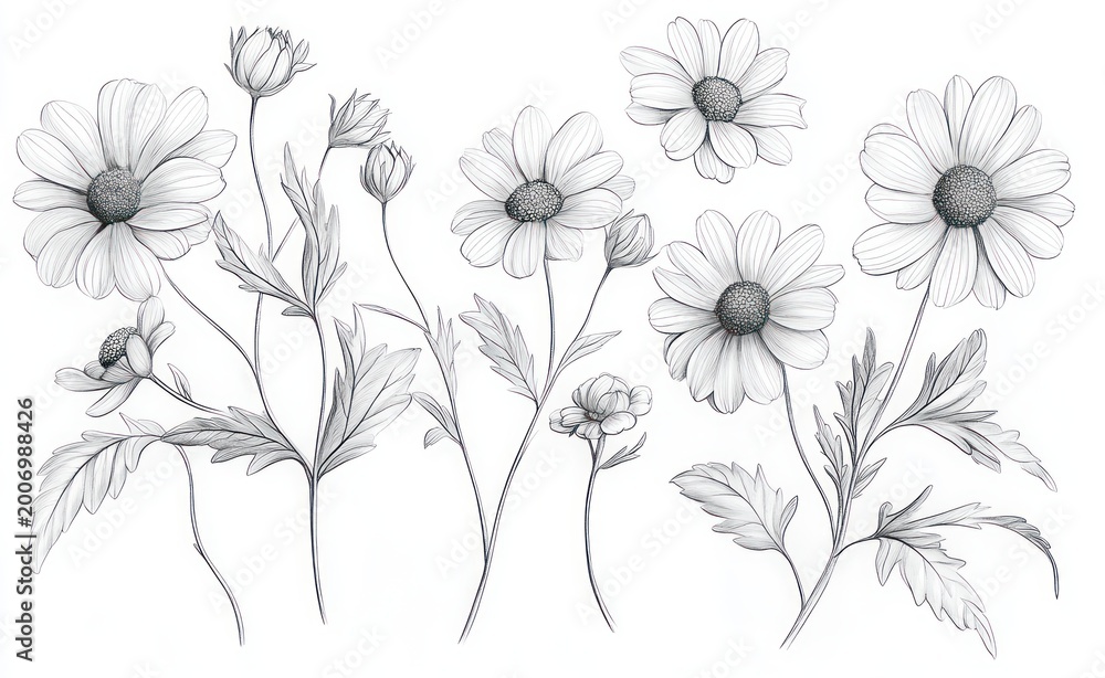 Obraz premium delicate pencil sketch of multiple blooming daisy flowers, buds, slender stems and textured leaves in soft grayscale, evoking calm natural elegance and gentle serenity