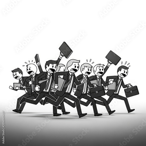 Businessmen running in chaotic office scene.