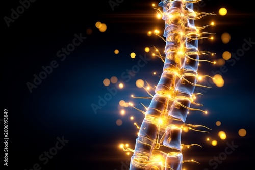 Glowing Nerve Lines Running Along a Dark Human Spine with a Cinematic Background Effect