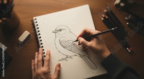 Hands drawing bird sketchbook artwork.