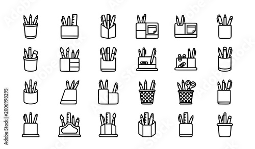 Принти на полотні Pencil holder line icons set with pen cup and stationery organizer symbols in mo
