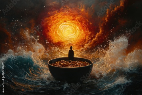 Silhouette sitting in a bowl of noodles floating on stormy ocean waves beneath a swirling fiery sun, evoking solitude and contemplative awe