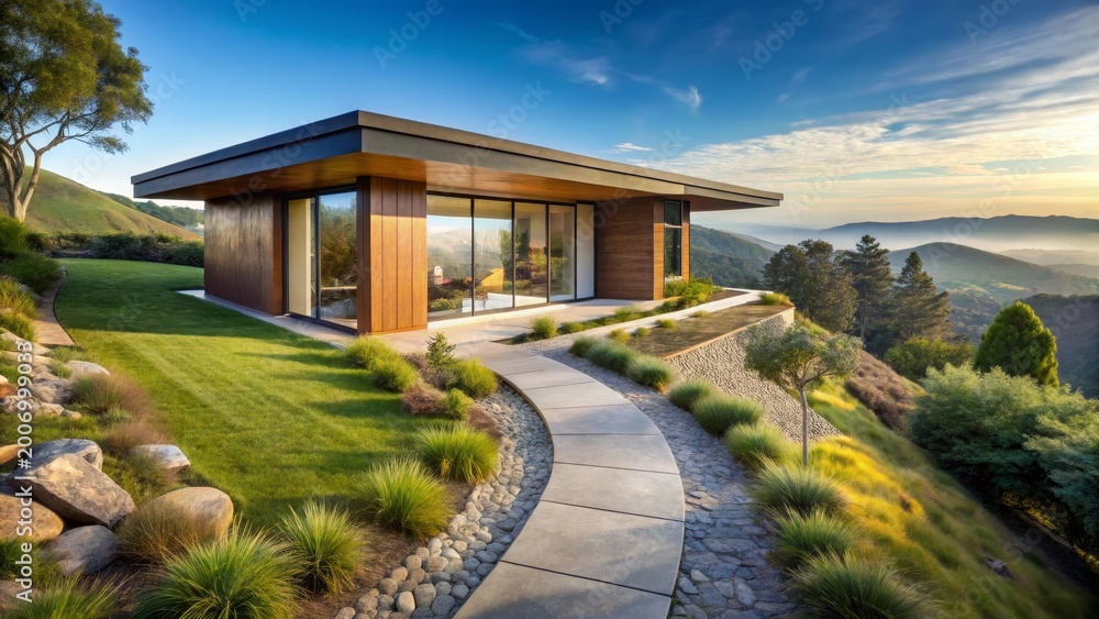 Fototapeta premium Modern hillside residence with panoramic views and sleek design features a tranquil pathway leading to a glass-walled living space overlooking a serene landscape