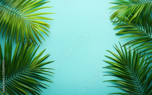green palm leaves framing a bright turquoise background conveying a fresh relaxing tropical summer vibe