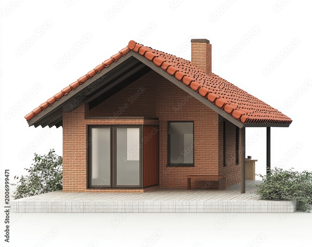 Fototapeta premium cozy small red brick cottage with gabled terracotta tile roof, chimney, covered porch with supporting post, sliding glass doors, bench, patio and surrounding shrubs, calm inviting mood