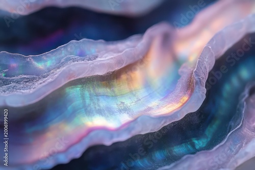 close-up of iridescent layered abalone shell interior with shimmering pastel rainbow nacre, wavy organic texture, serene and mesmerizing