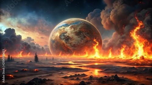 A fiery, desolate landscape unfolds beneath an enormous planet, engulfed in flames and ominous smoke, a scene of planetary devastation and apocalyptic destruction.